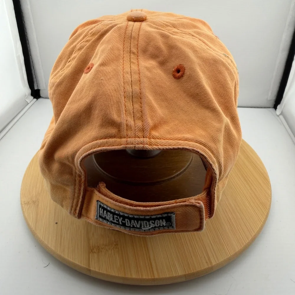 Y2K Harley Davidson Roeder Ohio Faded Orange Distressed Biker Hat Strapback
